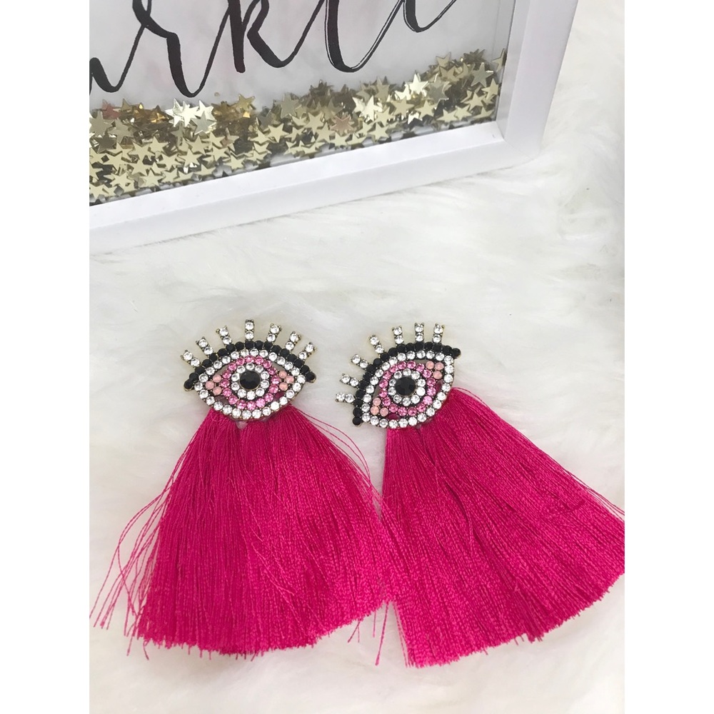 Evil Eye Fringe Statement Earrings - Picture 3 of 3